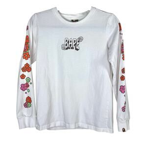 Bape White Ladies Pigment Flower Ape Head Long Sleeve Tee Small